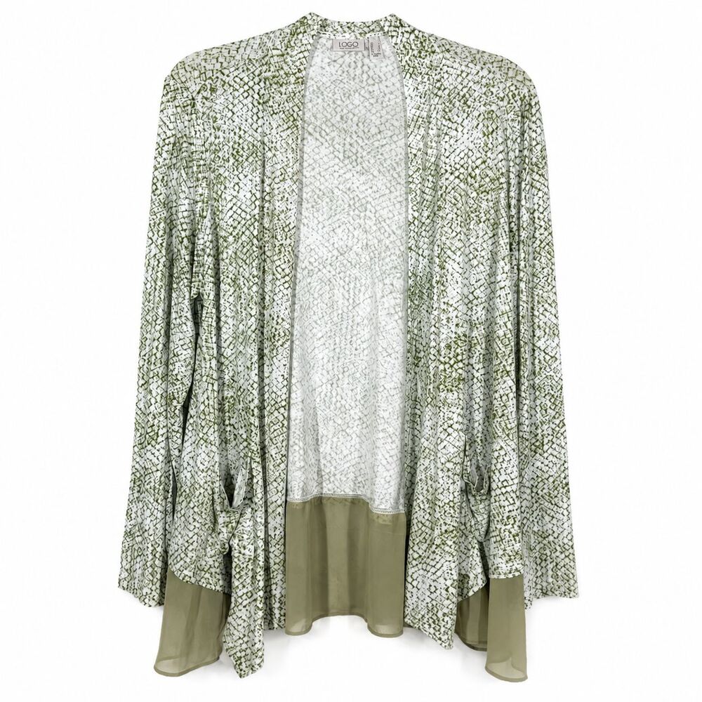 LOGO Lori Goldstein Womens L Snake Print Cardigan Chiffon Hem Artsy Boho Duster